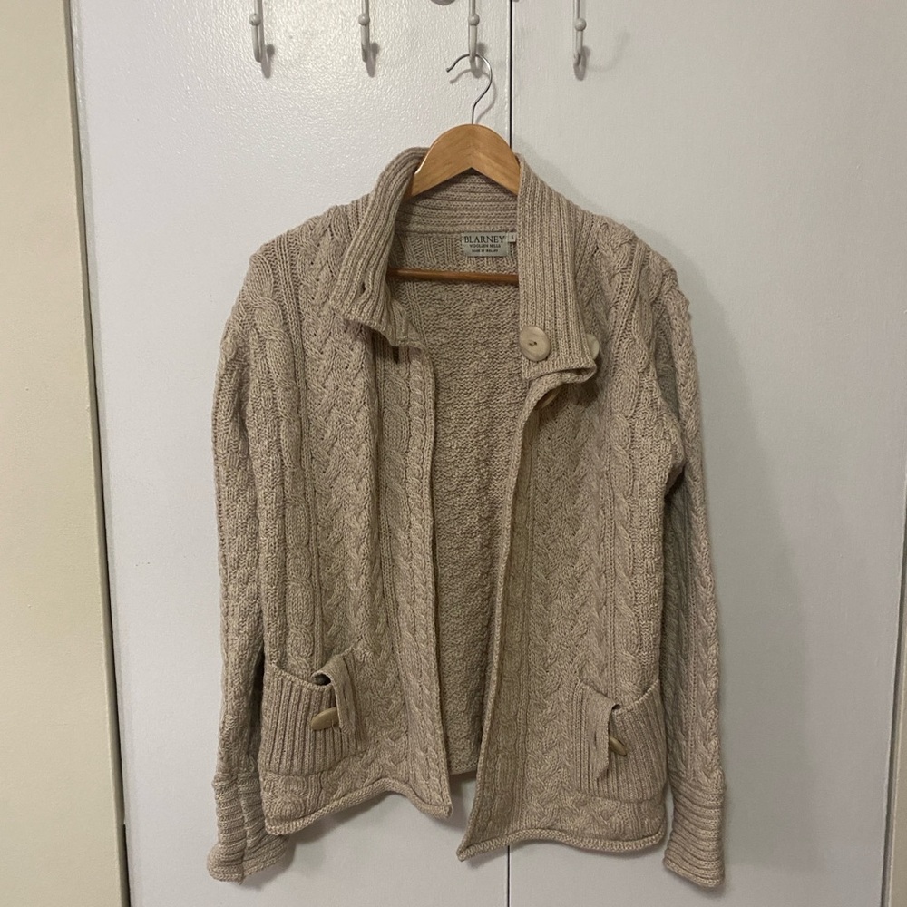 Merino Wool Beige Cable Knit Cardigan